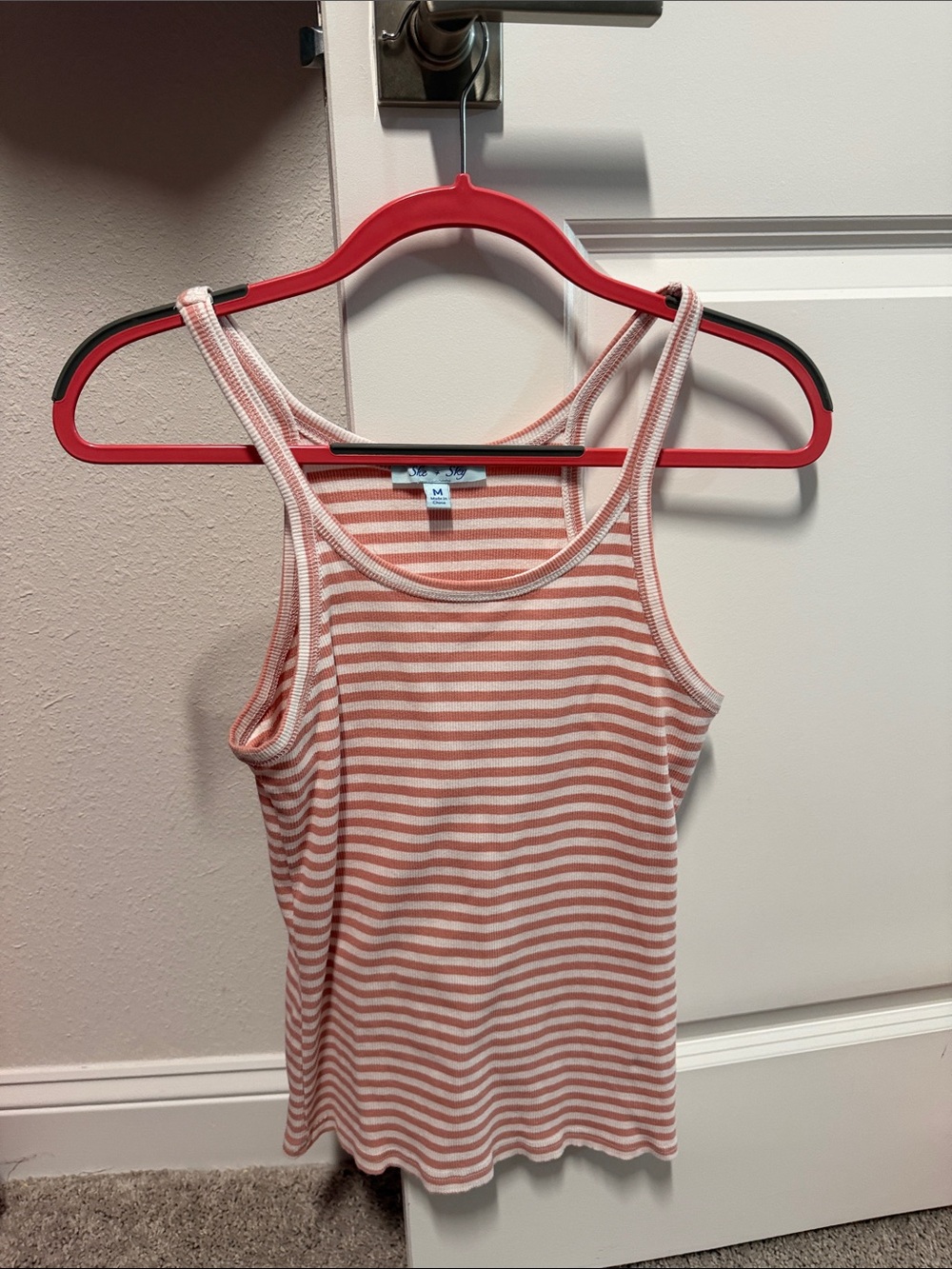 She + Sky Pink and White Striped Ribbed Tank Top